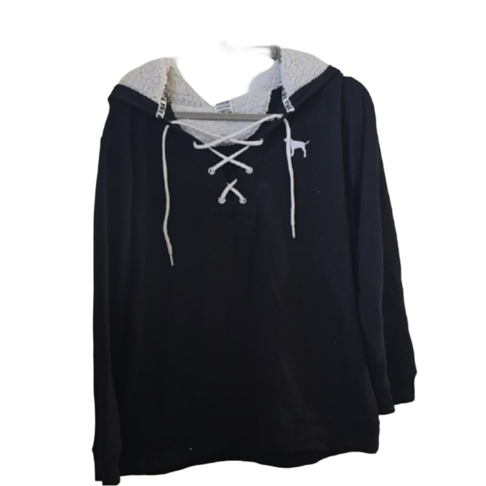 Victoria’s Secret PINK Navy Lace Up Hoodie Sherpa Lined M